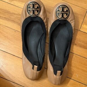Tory Burch Brown Leather Flats with Gold Logo